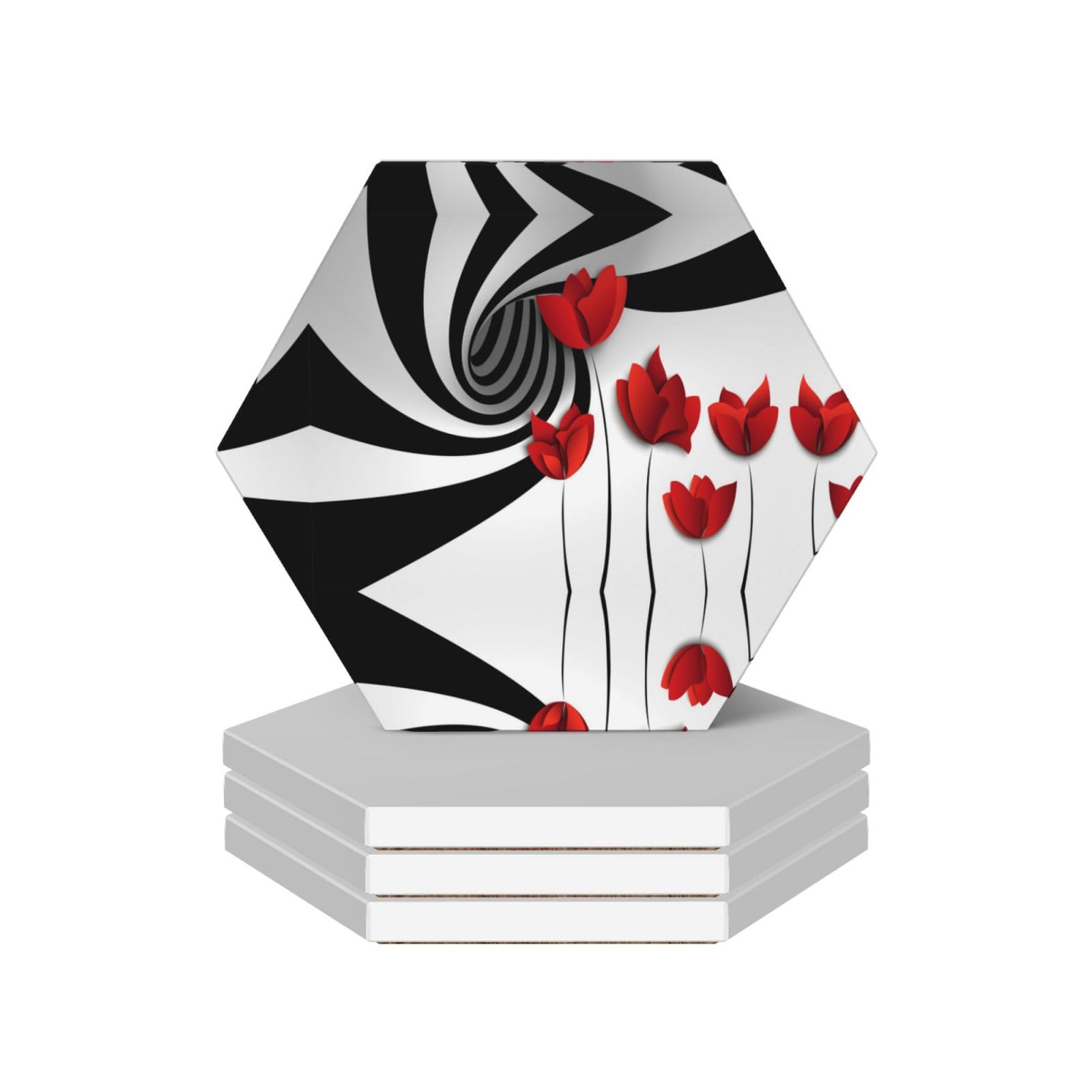 4 Hexagonal Red Flower Coasters, Ceramic Home Decor Coasters With Anti Slip Cork Base, Tea And Coffee Coasters, And Daily Coasters.