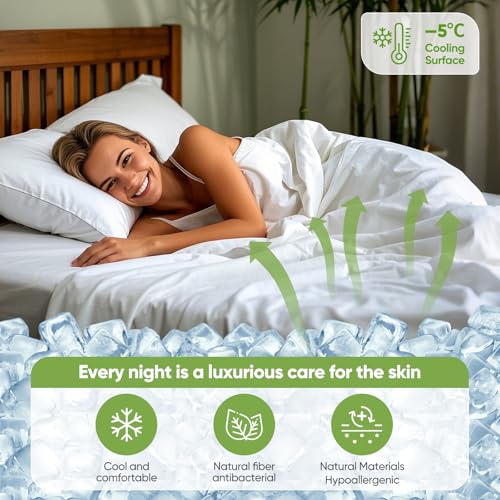 Image of TWK Luxury Sheet Set, Genuine 100% Organic Viscose Derived from Bamboo, Cooling & Breathable, Silky Soft, Bedding Sheets & Pillowcases (White, Queen)