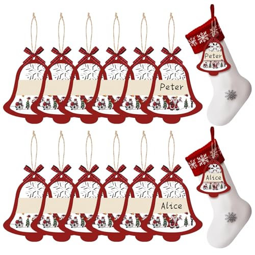 Cinnvoice Paquete de 12 etiquetas de nombre de calcetín de Navidad con cascabel, etiquetas de madera, etiquetas de regalo, adorno colgante de Papá Noel con cuerda, copo de nieve, etiqueta de nombre de