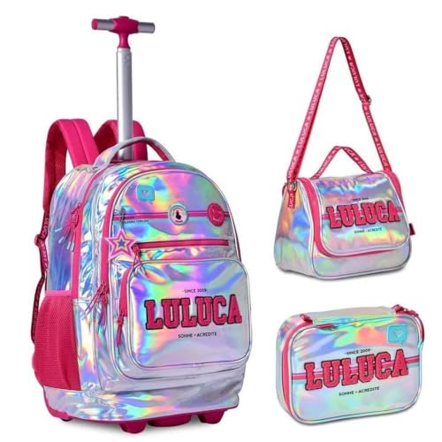 Kit Mochila de Rodinhas Luluca Holográfica Com Lancheira E Estojo