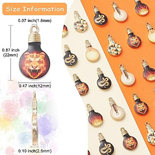 Stiesy 30Pcs 6 Styles Enamel Light Bulb Charms Pendants Tiger Fire Snake Patterns Printed Bulb Dangle Charms for Jewellry Making DIY Crafts - Image 2