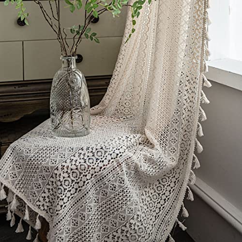 Vctops Farmhouse Cotton Crochet Lace Window Curtain Panel With Tassels Rod Pocket Semi Sheer Hollow Curtains For Bedroom Living Room, 1 Piece (Beige,59"X63") #TOP1