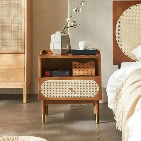 TGF Furniture Store Modern Wooden Bedside Table – Nightstand with Handwoven Rattan Drawer, Open Shelf Storage, and Gold-Tipped Legs – Stylish Side Table for Bedroom or Living Room-image-22