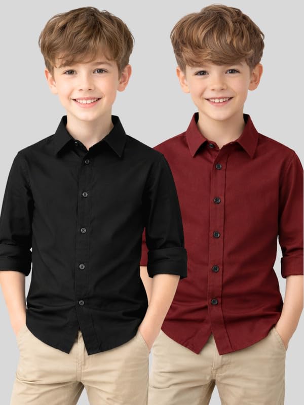 Image of YYQ Pack of 2 Boys Solid Cotton Blend Shirts - Full Sleeve Casual, Soft & Comfortable Spread Collar Shirts for Boys