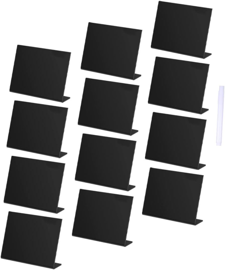 Acrylic Message Blackboards Set of 12 Small Desktop Chalkboard Signs with Black Surface and 1 Chalk Marker for Wedding Party Home Decoration and Office Memo Display