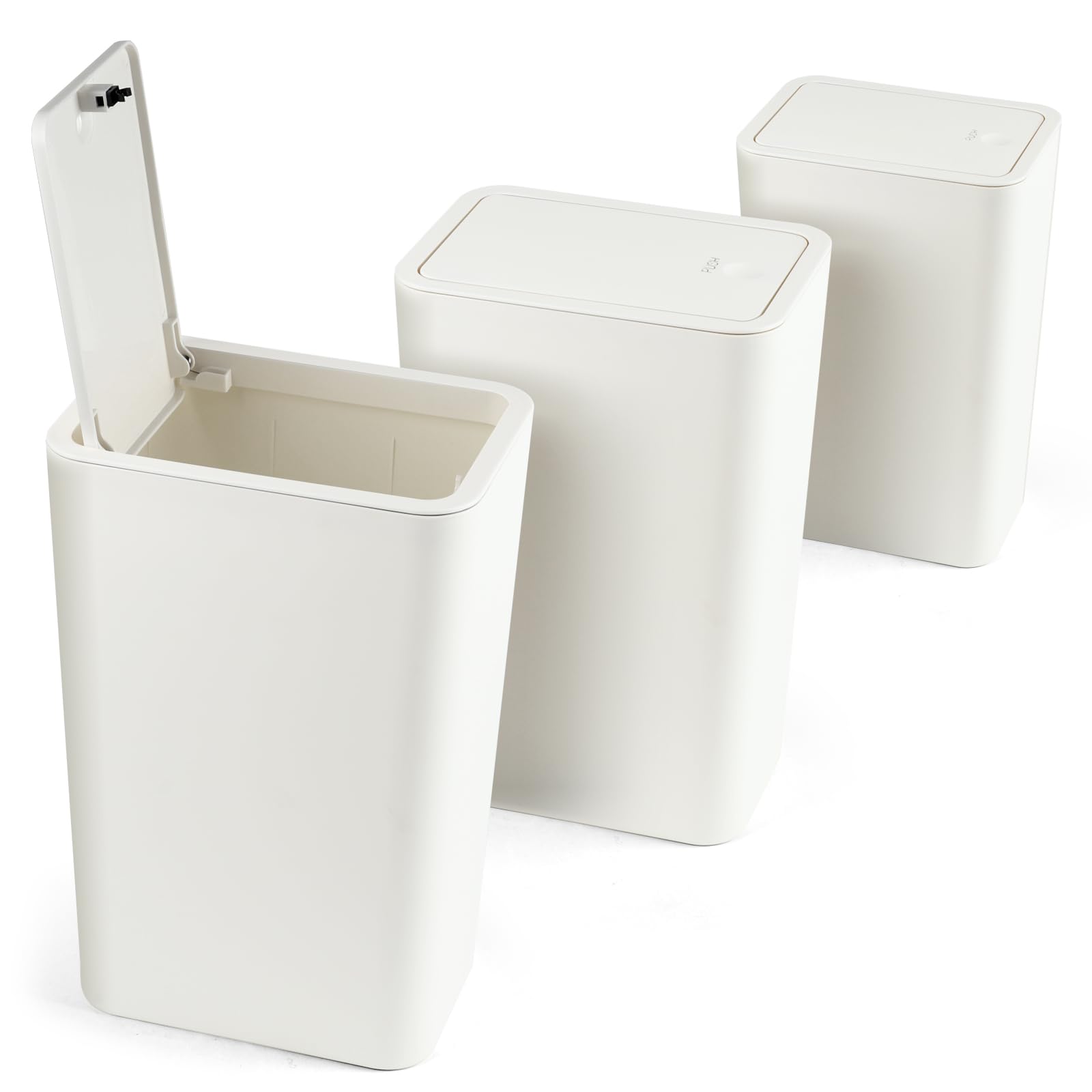 VIGIND 3 Pack 10L / 2.6 Gallon Trash Can, White Small Thickened Plastic Garbage Can with Press Top Pop-up Lid, Waste Basket for Kitchen, Bathroom, Living Room, Office, Bedroom,Narrow Place