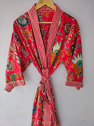 Red Floral Kimono Cardigan Front Shirt Open Indian Handmade Handblock Print Kimono Bath Robes Maternity Beach Wear Cotton Kimonos Linen By Ranjanacraft., Multi #TOP5
