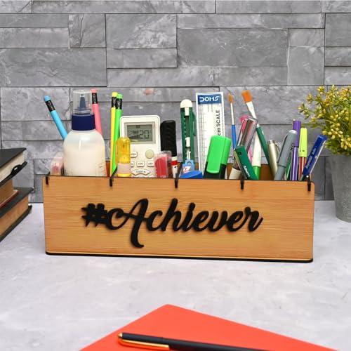 GKD Desk Organizer & Pen Stand for Office Table | 4 Compartment Wooden Personal Organizer with 3D “Achiever” Motivational Tag | Stylish Desk Décor | New Year Gifts (Bamboo)