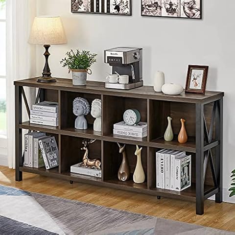 FATORRI 8 Cube Storage Organizer Bookshelf, Rustic Wood Cubby Bookcase, Industrial Horizontal Long Shelf for Livingroom (Walnut Brown, 62 Inch) Cover