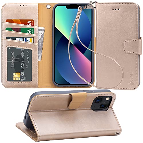 Arae Compatible with iPhone 13 Case with Card Holder and Wrist Strap Wallet Flip Cover for iPhone 13 6.1 inch (Champagne Gold)