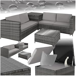 tectake Polyrattan Sitzgruppe für 4 Personen, Balkon Garnitur mit Sitzkissen, Aufbewahrungsbox draußen sowie Outdoor Couchtisch mit Glasplatte, Balkonmöbel Rattan - grau/hellgrau