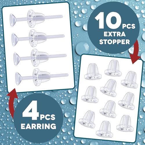 Clear Earrings for Sports for Ear Lobes, Cartilage Piercings - Bioflex Plastic Clear Studs For Ears Invisible Earring Spacers Invisible Earrings For Work, School Retainer Piercing Jewelry (10 extra stoppers)3