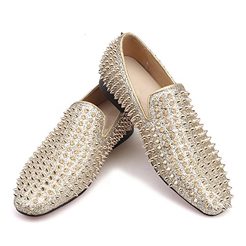 HI&HANN Men Gold Spikes Leather Shoes Men Dress Loafers Prom Smoking Slippers-10.5-Gold