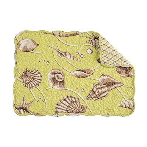 Image of C&F Home Baker Cotton Quilted Reversible Machine Washable Green Seashell Vintage Design Placemat Set of 6 Scalloped Edges Coastal Beach Ocean for Kitchen or Dining Table Rectangular Placemat Set of 6