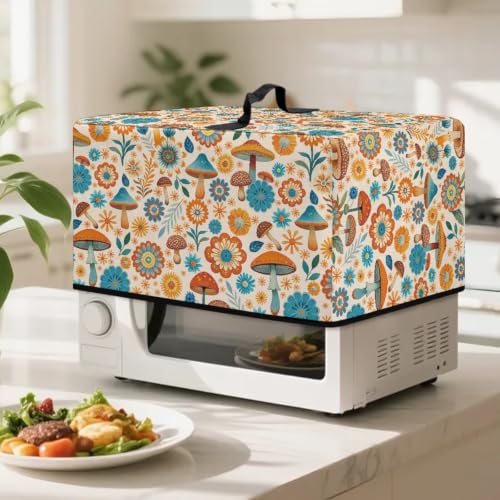 Image of Convection Oven Cover, Dust Proof Smart Microwave Oven Protector for Fall Decorations, L, 20.9 x 15.7 x 12.4 Inches, Mushroom Floral Daisy Beige Orange