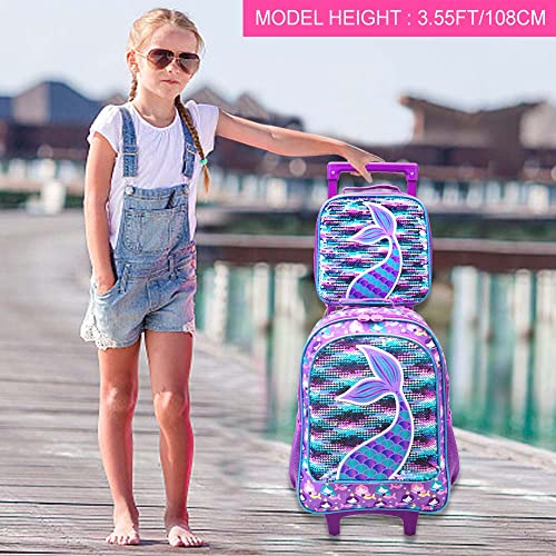 Agsdon 3Pcs Rolling Backpack For Girls, Kids Roller Wheels Bookbag, Wheeled School Bag With Lunch Bag - Mermaid #TOP6
