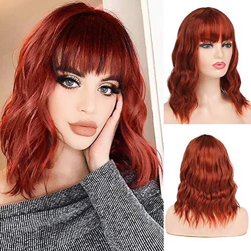 Kaneles Wavy Wig With Air Bangs Women's Short Bob Orange Red Wig Curly Wavy Shoulder Length Pastel Bob Synthetic Cosplay Wig for Girl Colorful Costume Wigs