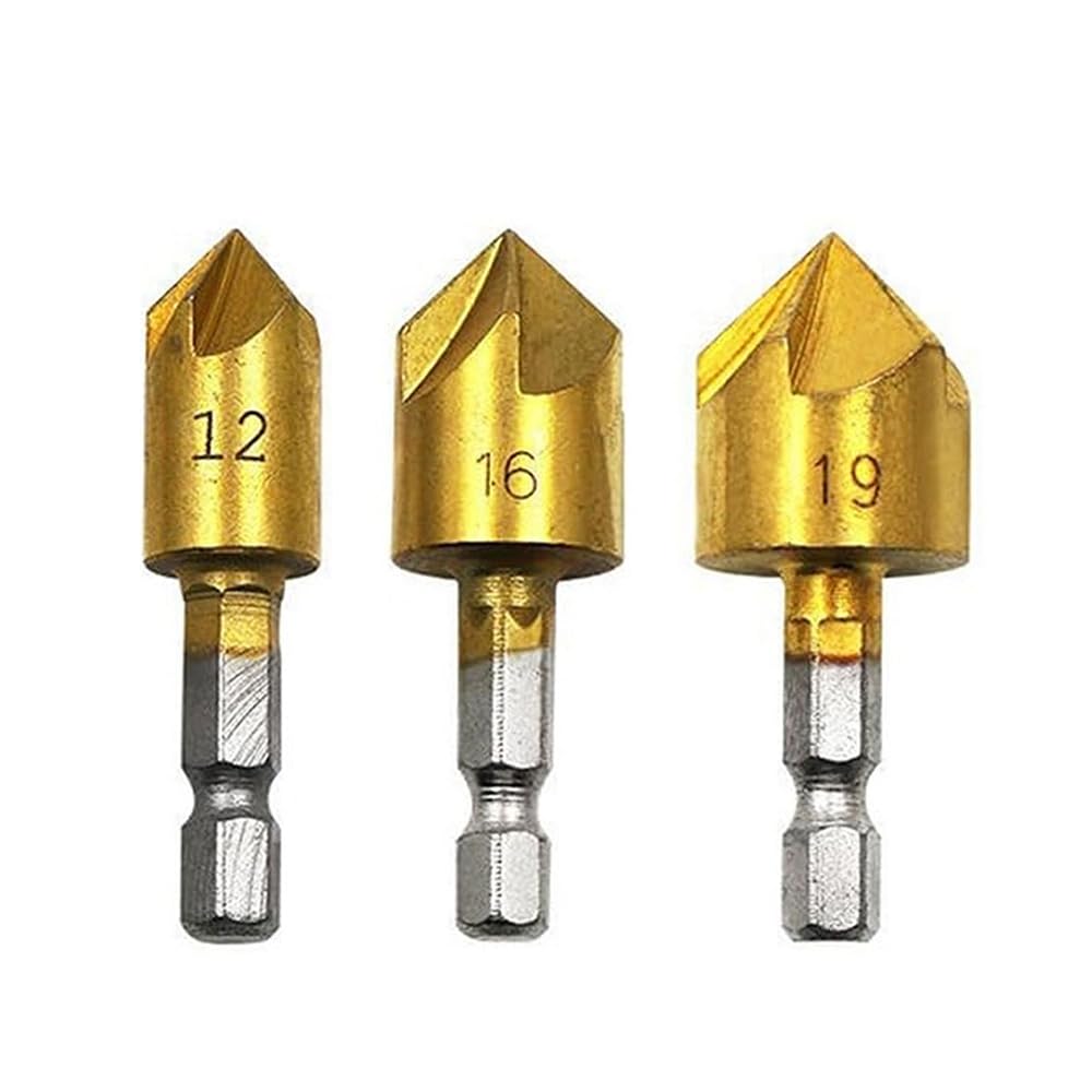3PCS 12-19mm 5-Edge Countersunk Drill Bit Set with Hexagonal Shank – High Speed Steel Woodworking Tools, 90 Degree Chamfering Cutter, Titanium Plated