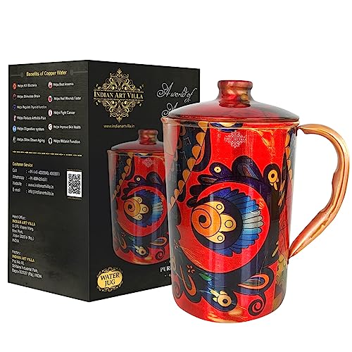 Indian Art Villa Pure Copper Jug With Red Leaf Abstract Print, Serveware & Drinkware, Volume-67 Oz