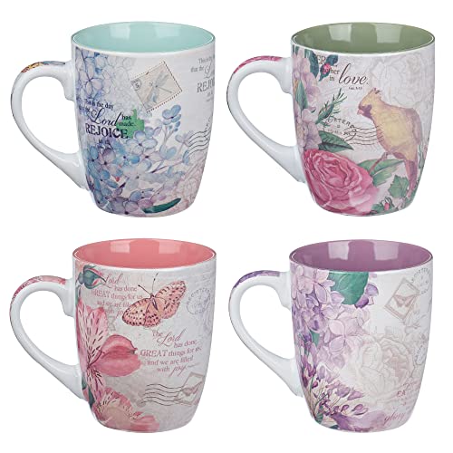 Christian Art Gifts Ceramic Coffee/Tea Mug Set For Women | Vintage Botanic Floral Inspirations Design Bible Verse Mug Set | Boxed Set/4 Coffee Cups #TOP2