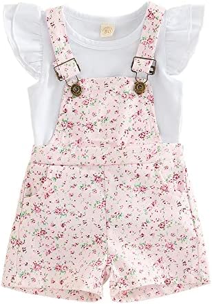 brilliantme Toddler Baby Girl Summer Overall Outfit Ruffle Sleeve Tops T-Shirt Floral Suspender Shorts Clothes Set (Floral Pink , 18-24 Months )