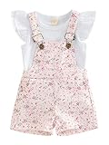 brilliantme Toddler Baby Girl Summer Overall Outfit Ruffle Sleeve Tops T-Shirt Floral Suspender Shor