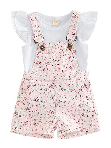 Brilliantme Toddler Baby Girl Summer Overall Outfit Ruffle Sleeve Tops T-Shirt Floral Suspender Shorts Clothes Set (Floral Pink , 18-24 Months ) #TOP19
