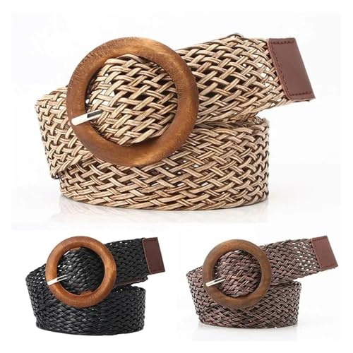 Braided Waist Belt Black Coffee Female Vintage Round Wooden Smooth Buckle for Skirts, High-Waisted Pants3