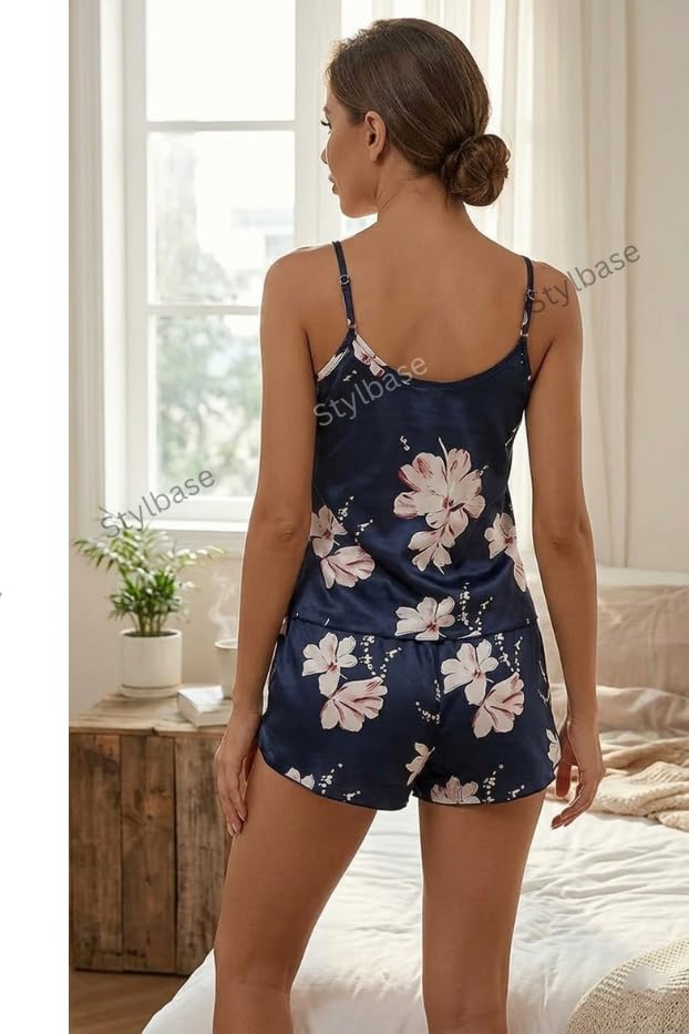 Image of Stylbase Babydoll Stylish Women Pajama Set Lingerie Night Suit Above Knee Soft Floral cami Shorts Pyjama Set with Lace Trim, Ideal for Nightwear or Lounging, Comfy (Upto L)