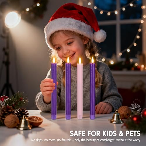 Image of Flameless Taper Candles with Rmote, 9.6 inch Real Wax Flameless Advent Candles, Battery Operated Purple and Pink Christmas Candlesticks for Wreath, Christ, Home, Church, Catholic Decoration