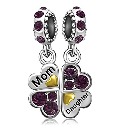 JMQJewelry Mother's Day Mom Daughter Heart Love Clover Birthday Birthstone February Purple Dangle Charm For Bracelets Son Daughter Gifts Christmas Jewelry