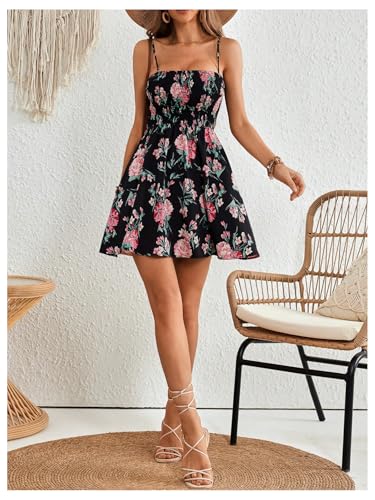 Image of Floerns Women's Boho Floral Print Sleeveless Sundress Ruched Bust Flare Hem Vacation Cami Short Dress