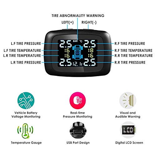 TPMS Tire Pressure Monitoring System with 4pcs External Sensors, Cigarette Lighter Plug Universal Wireless Car Alarm System LCD Display - Thumbnail 4