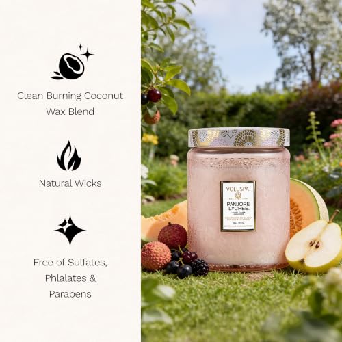 Image of Voluspa Panjore Lychee, Large Candle Jar, 18 oz, 100 Hour Burn Time, Coconut Wax for Clean Burning, Handcrafted in the USA