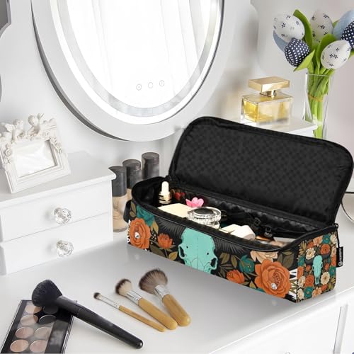 Bolsa de viaje para herramientas de cabello y tapete resistente al calor con cierre impermeable turquesa floral con calavera para planchas, rizadores y organizador de accesorios miniatura 7