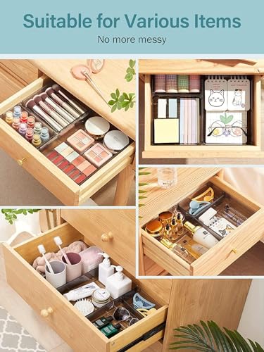 Image of Kienlix Desk Drawer Organizers Trays Set Clear Plastic Storage Bins Bathroom Drawer Tray Dividers Vanity Trays Organizer for Bedroom Dresser Makeup Kitchen Utensil Office (9pc Set (Black))