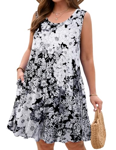 Image of JollieLovin Women Plus Size Curvy Summer Tank Sun Dresses Sleeveless Causal T-Shirt Dress Beach Swing Cover up(L-5X)