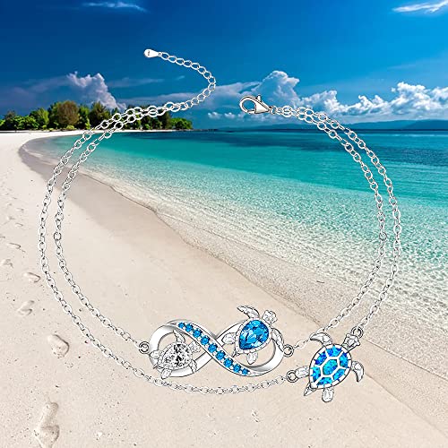 Image of Fenthring Turtle Anklet S925 Sterling Silver Blue Opal Sea Turtle Ankle Bracelets for Women Infinity Wave Ocean Beach Summer Foot Bracelet Jewelry Layered Adjustable