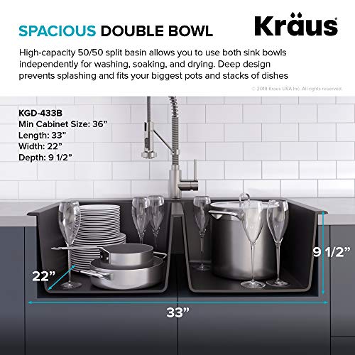 Kraus Quarza Kitchen Sink, 33-Inch Equal Bowls, Black Onyx Granite, Kgd-433B Model #TOP3