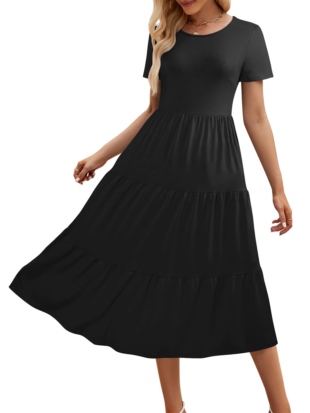 Sureple Spring Round Neck T Shirt Dress for Women Short Sleeve Midi Length,Swing Tiered Bobydoll Dresses with Pockets