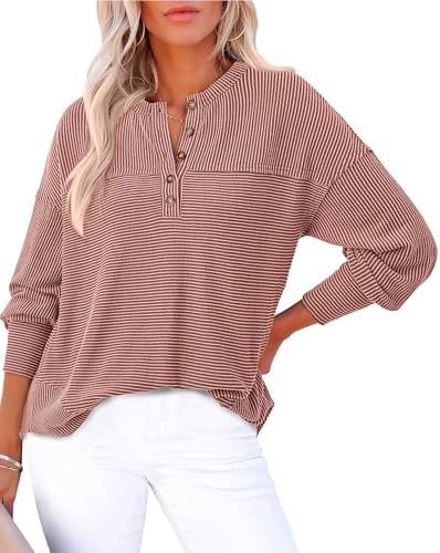 KIRUNDO Going Out Tops for Women Henley Shirts 2025 Casual Ribbed Knit Long Sleeve Tunic Summer Fall Button V Neck Blouse