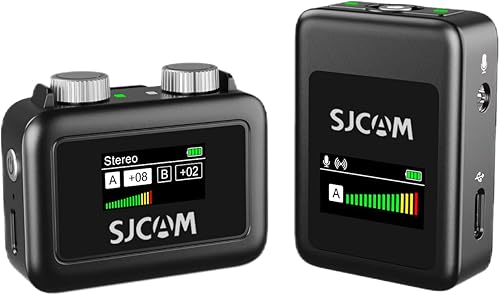 SJCAM Sistema de micrófono inalámbrico Lavalier, recogida de doble canal, cancelación de ruido, batería 24H, rango de 328.1 ft, micrófono de solapa