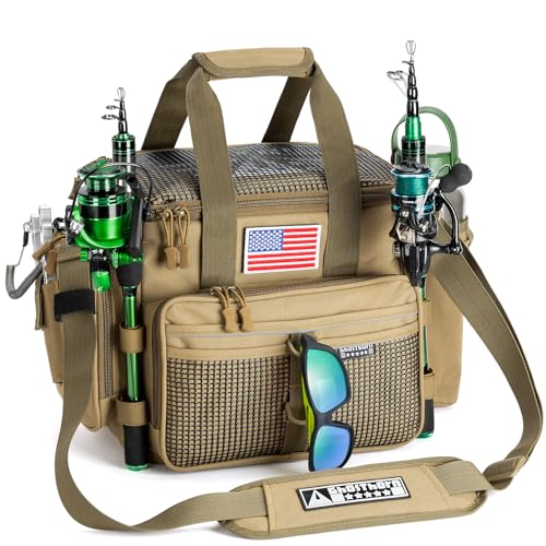 Ghosthorn Fishing Tackle Bag with Rod Holder Saltwater & Freshwater Resistant Tackle Box Bag - Adjustable Padded Shoulder Strap (Khaki)
