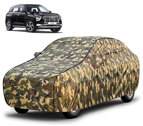 Image of FABTEC Waterproof Car Body Cover for Hyundai Creta with Mirror Pocket, Triple Stitched (Military, Jungle Print, Camouflage Design)
