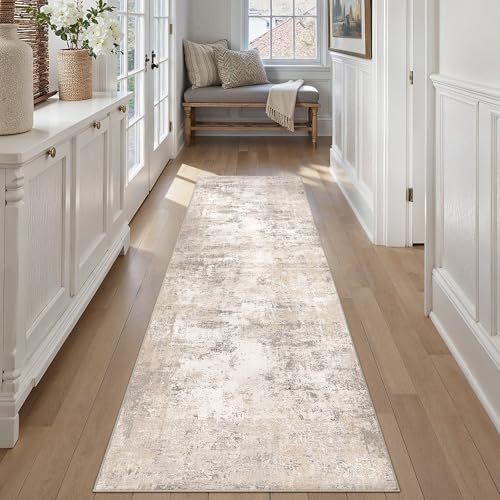 WondRg 2x7 Washable Runner Rug Beige Grey Abstract Hallway Kitchen Throw Rug Neutral Modern Non Slip Soft Low Pile Carpet for Bathroom Laundry Bedroom Living Room