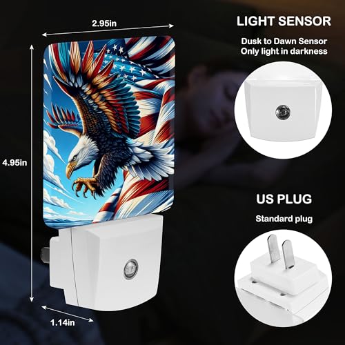 Image of LED Night Light Lamp with Smart Sensor Dusk to Dawn Sensor,Bald Eagle Soar American Flag Detailed Feathers Majestic and Powerful Clear Blue Sky Night Light Daylight White,0.5W Plug-into Wall