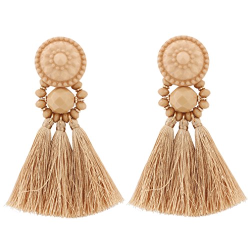 Boderier Bohemian Statement Thread Tassel Chandelier Drop Dangle Earrings with Cassandra Button Stud (Brown)