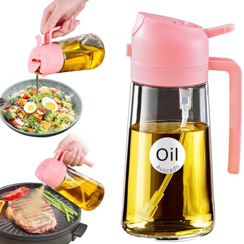 YARRAMATE Pulvérisateur d'huile d'olive de qualité alimentaire 2 en 1 pour ustensiles de cuisine, friteuse à air, salade, friture, barbecue - 470 ml - Rose