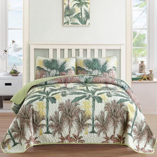Luxudecor Tropical Plants Quilt Set King Size 3 Pieces