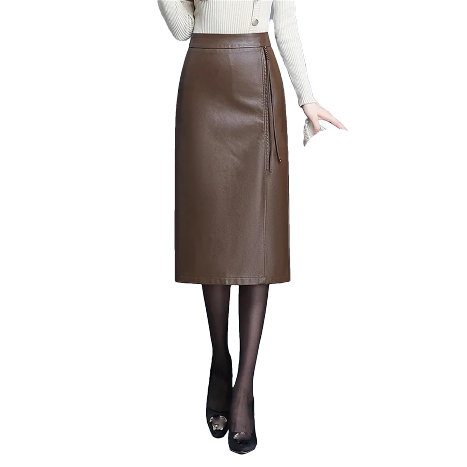 Falda de cuero para mujer, falda de piel sintética de invierno de cintura alta, falda recta, falda midi casual